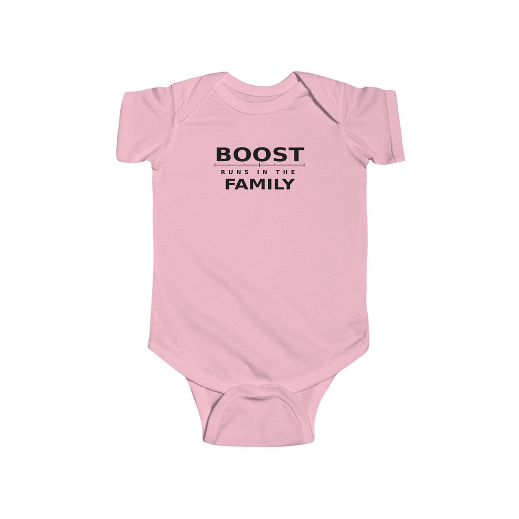 Pink baby bodysuit with 'BOOST' graphic on front