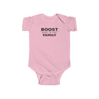 Pink baby bodysuit with 'BOOST' graphic on front