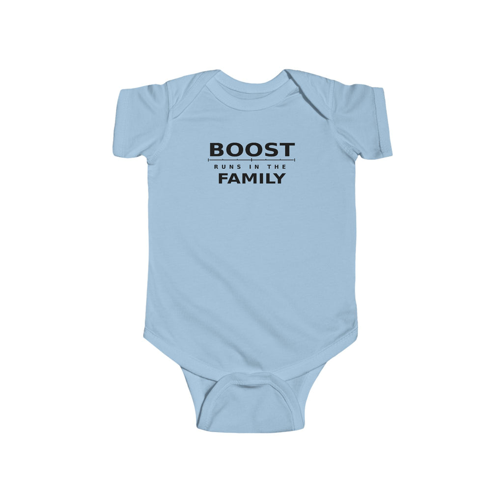 Light blue baby bodysuit with 'BOOST' graphic on front