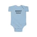 Light blue baby bodysuit with 'BOOST' graphic on front