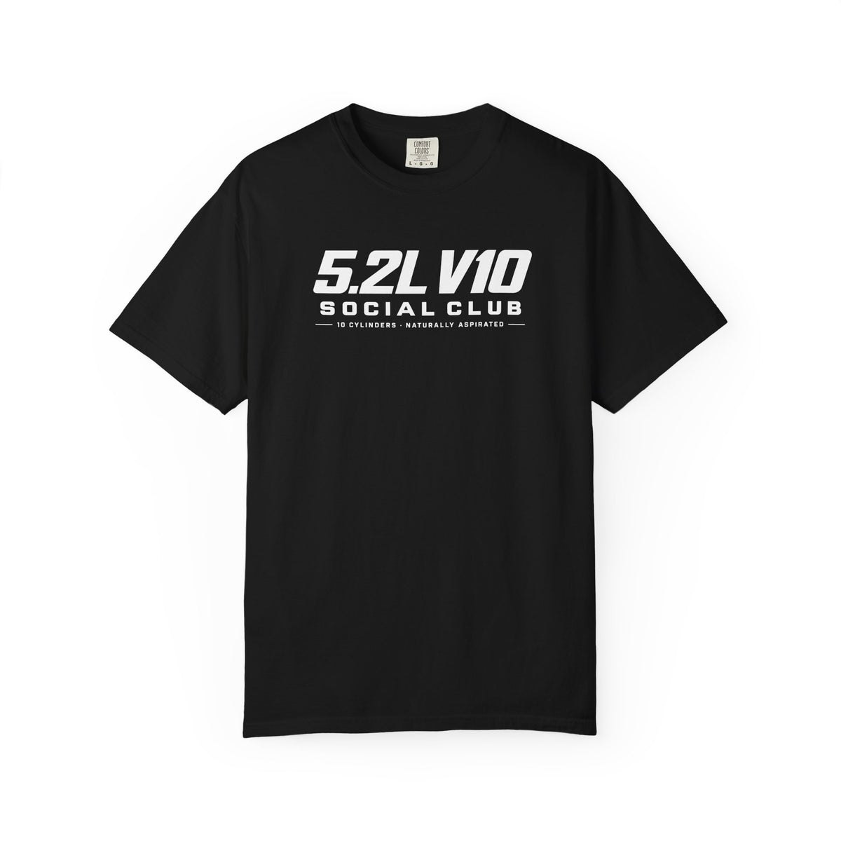 Black crewneck T-shirt with centered “5.2L V10 Social Club” graphic