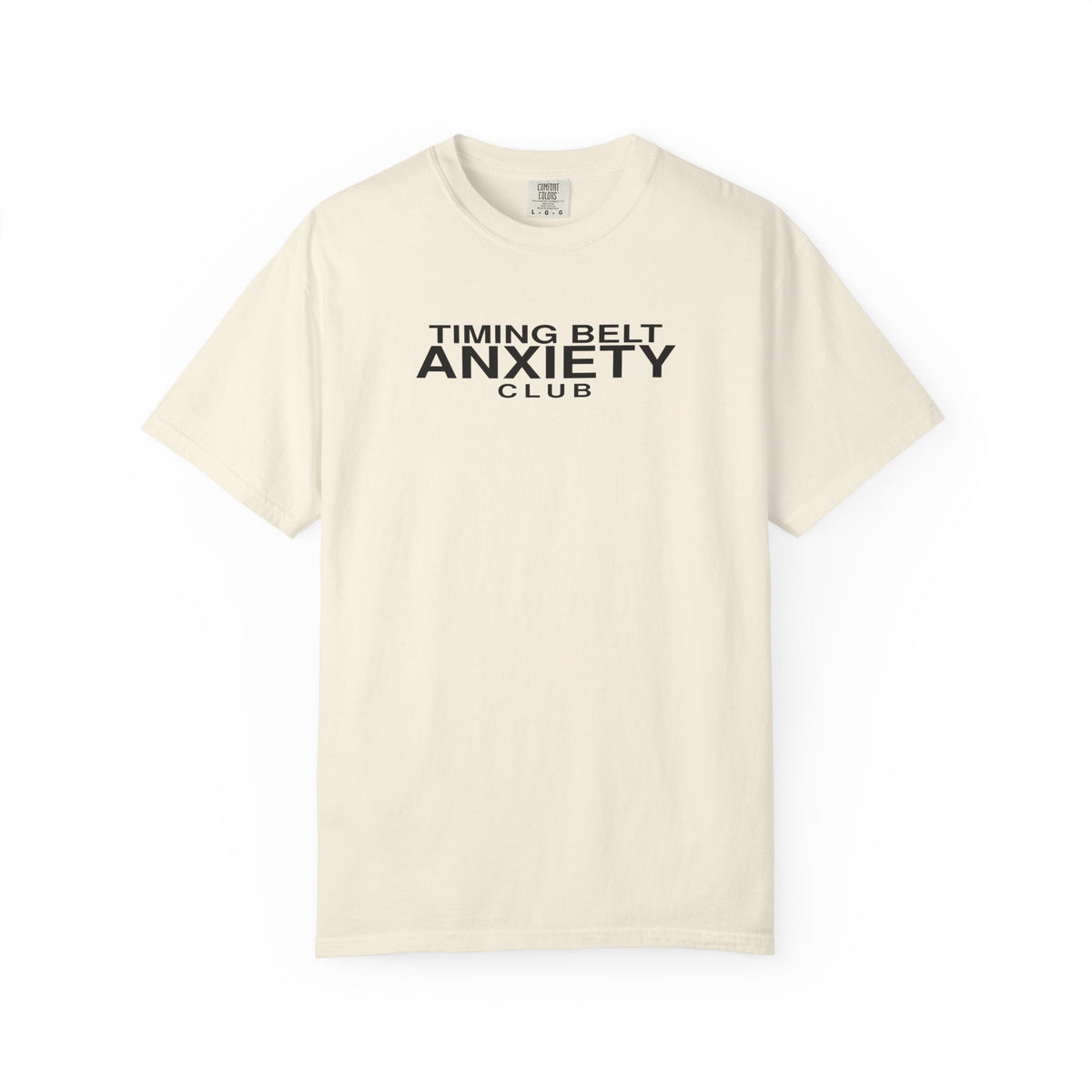 Ivory T-shirt with 'Timing Belt Anxiety Club' logo graphic