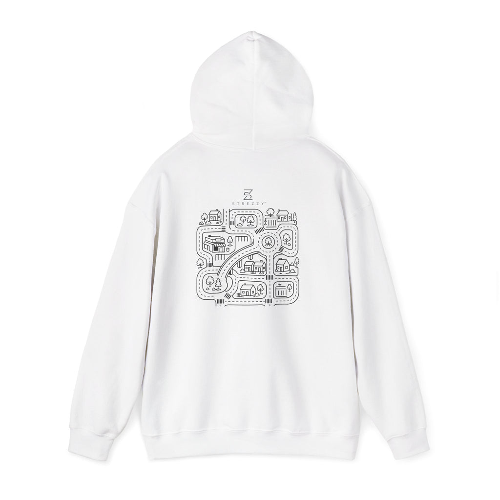 White pullover hoodie, back view with street map graphic and drawstring hood
