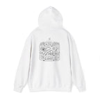 White pullover hoodie, back view with street map graphic and drawstring hood