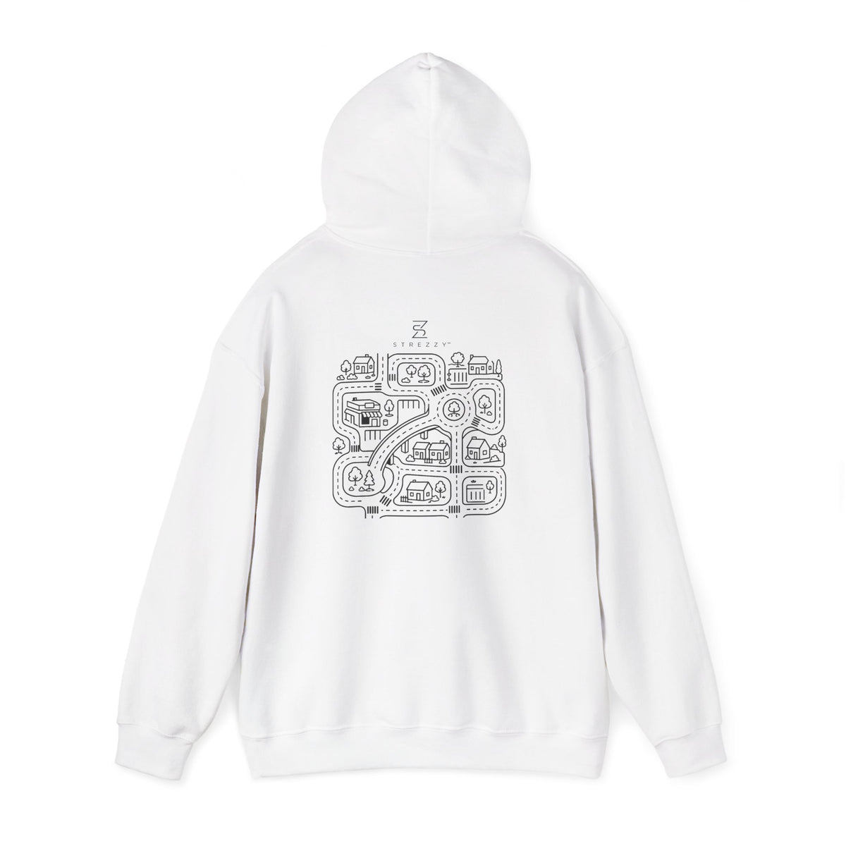 White pullover hoodie, back view with street map graphic and drawstring hood