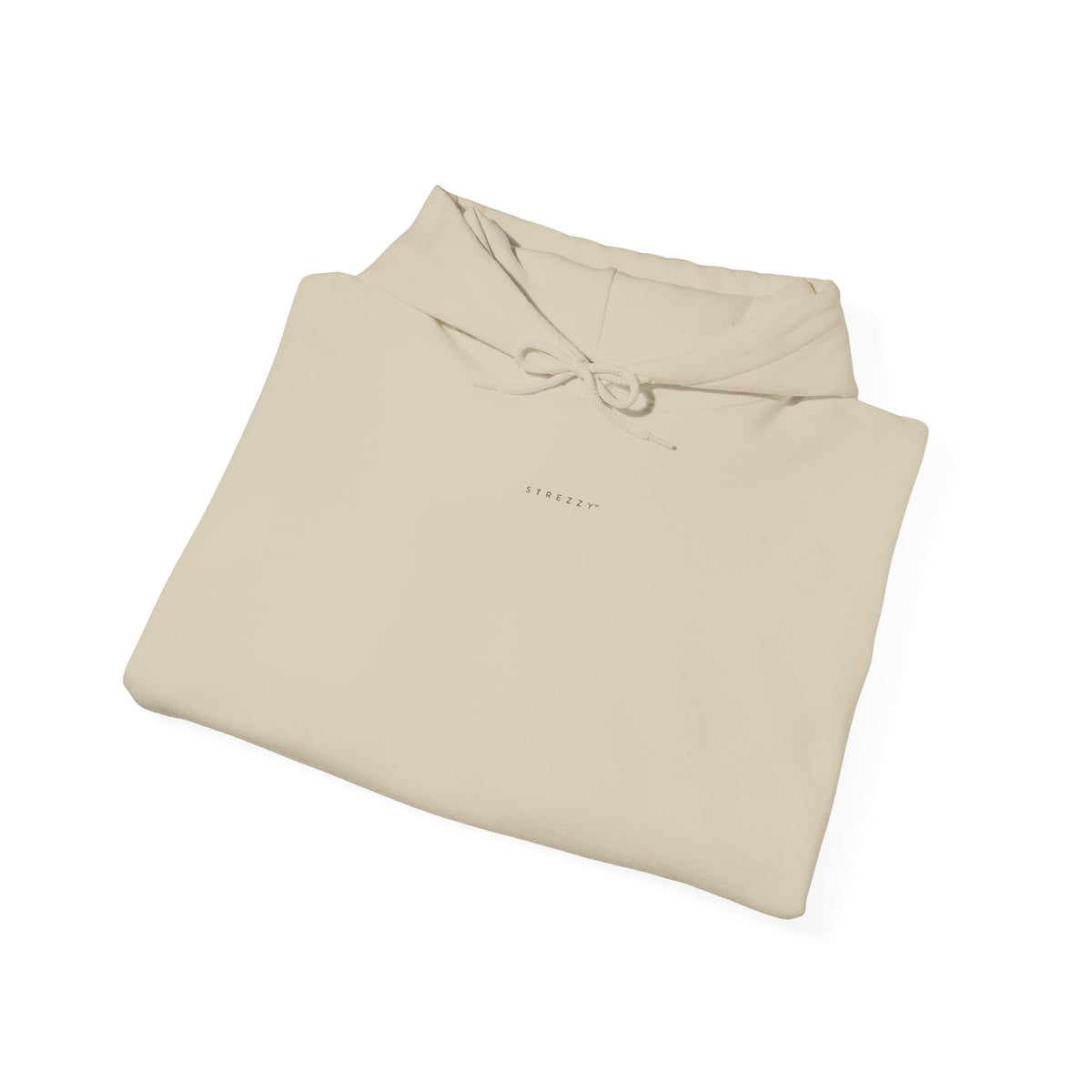 Sand pullover hoodie folded flat, drawstring hood visible