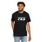 Black crew-neck T-shirt with front logo graphic, short sleeves