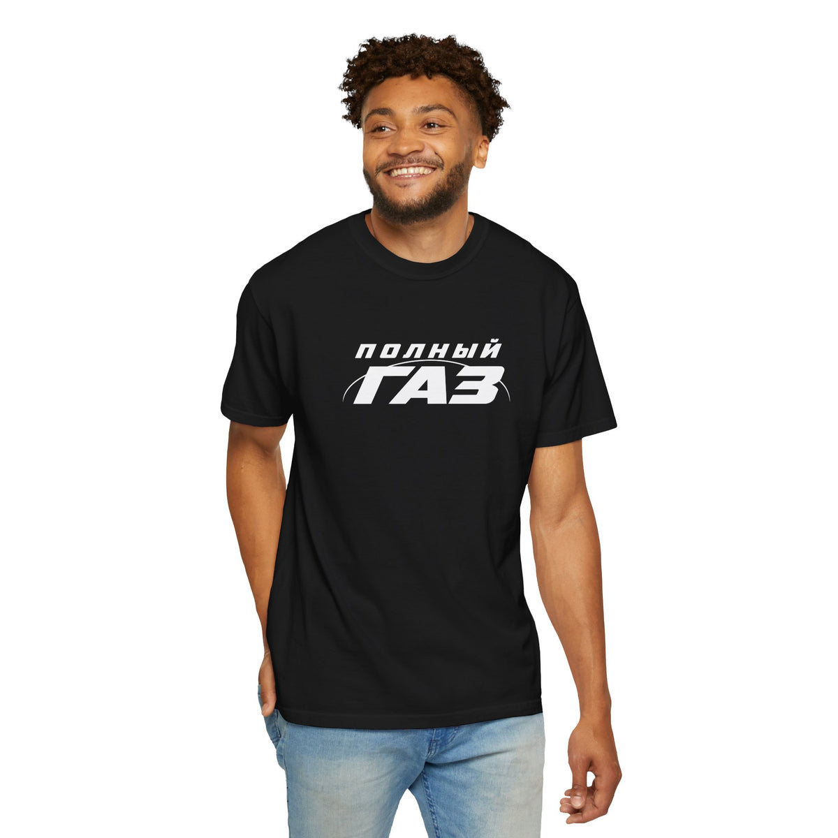 Black crew-neck T-shirt with front logo graphic, short sleeves