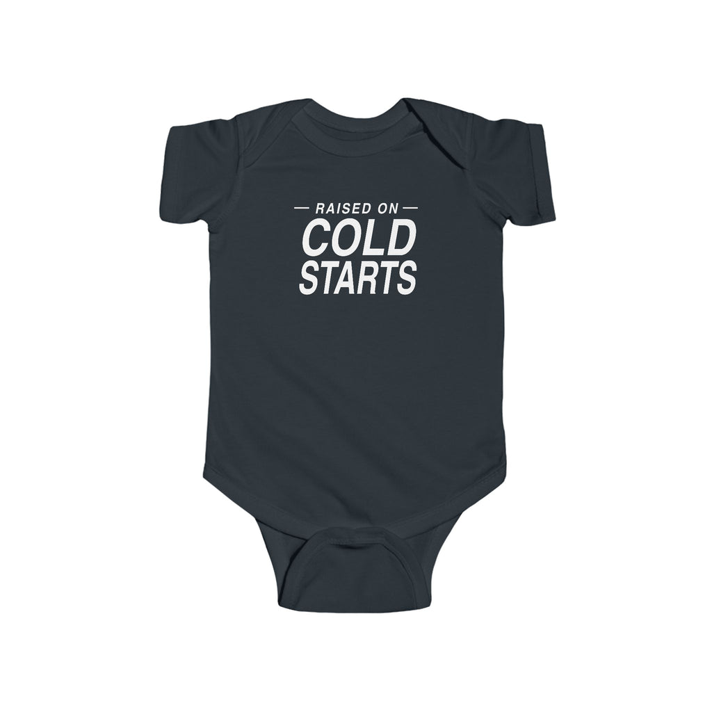 Black baby bodysuit with short sleeves and 'Cold Starts' front graphic