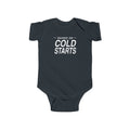 Black baby bodysuit with short sleeves and 'Cold Starts' front graphic