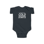 Black baby bodysuit with short sleeves and 'Cold Starts' front graphic