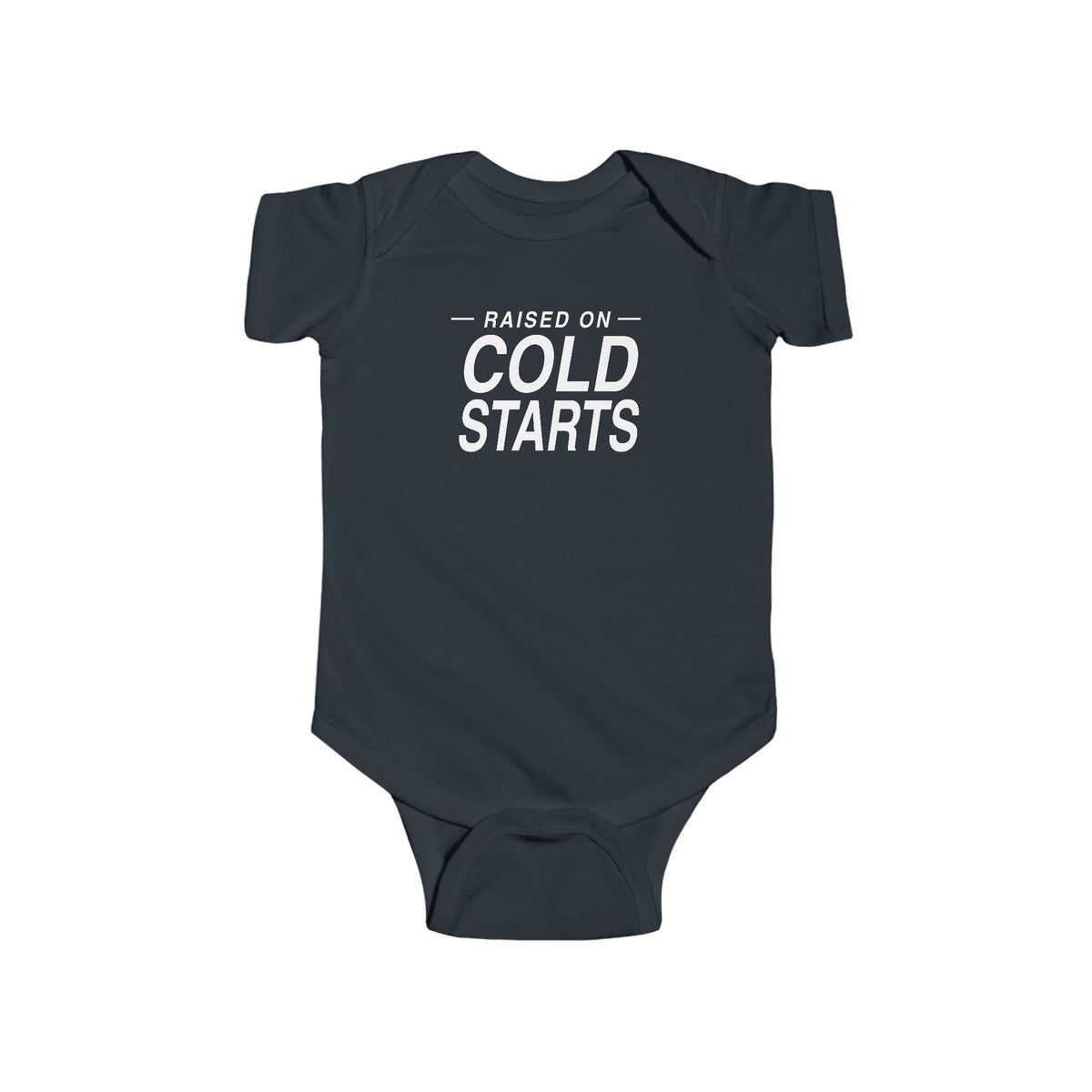Black baby bodysuit with short sleeves and 'Cold Starts' front graphic