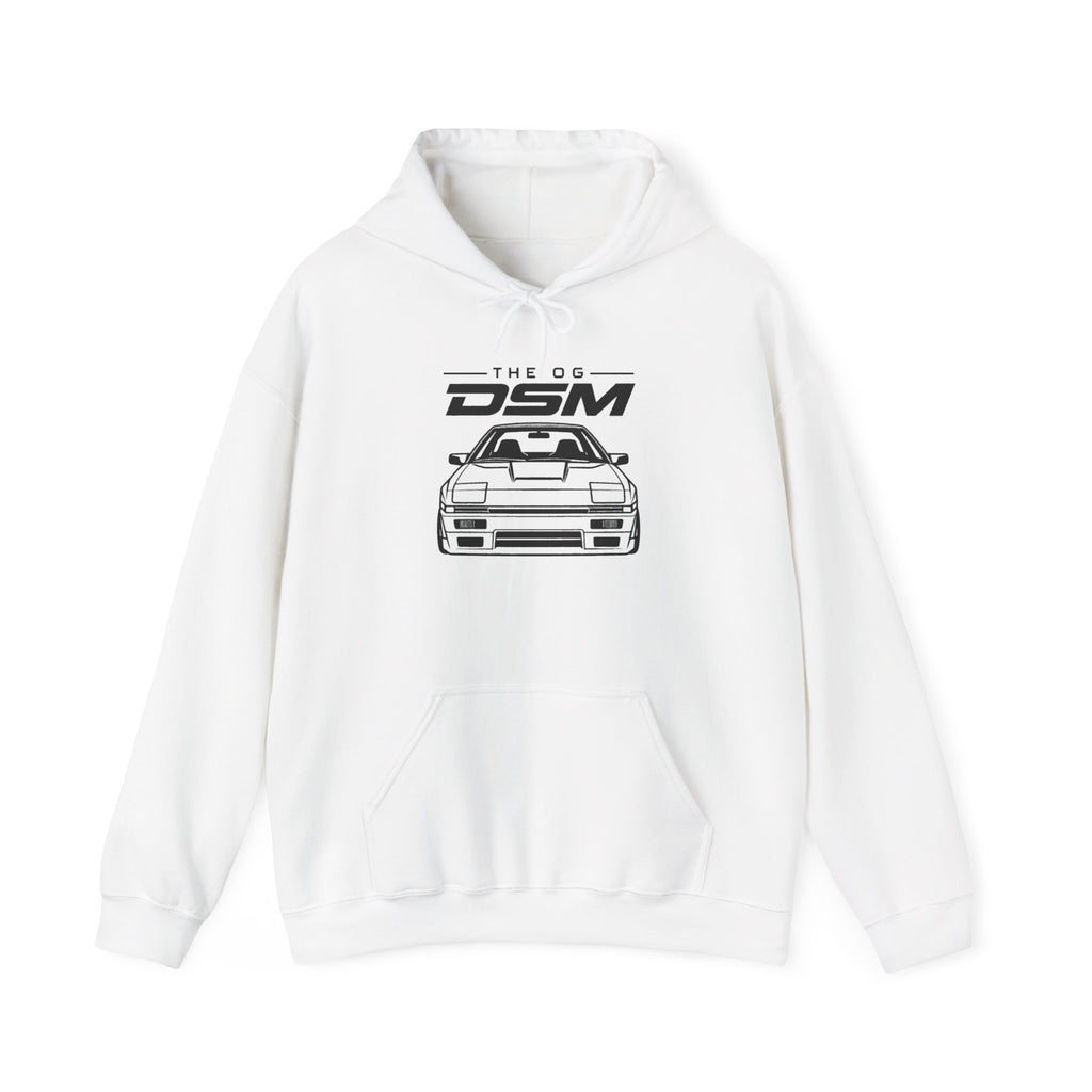 White pullover hoodie with front pocket and car logo graphic; drawstring hood.
