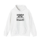 White pullover hoodie with front pocket and car logo graphic; drawstring hood.