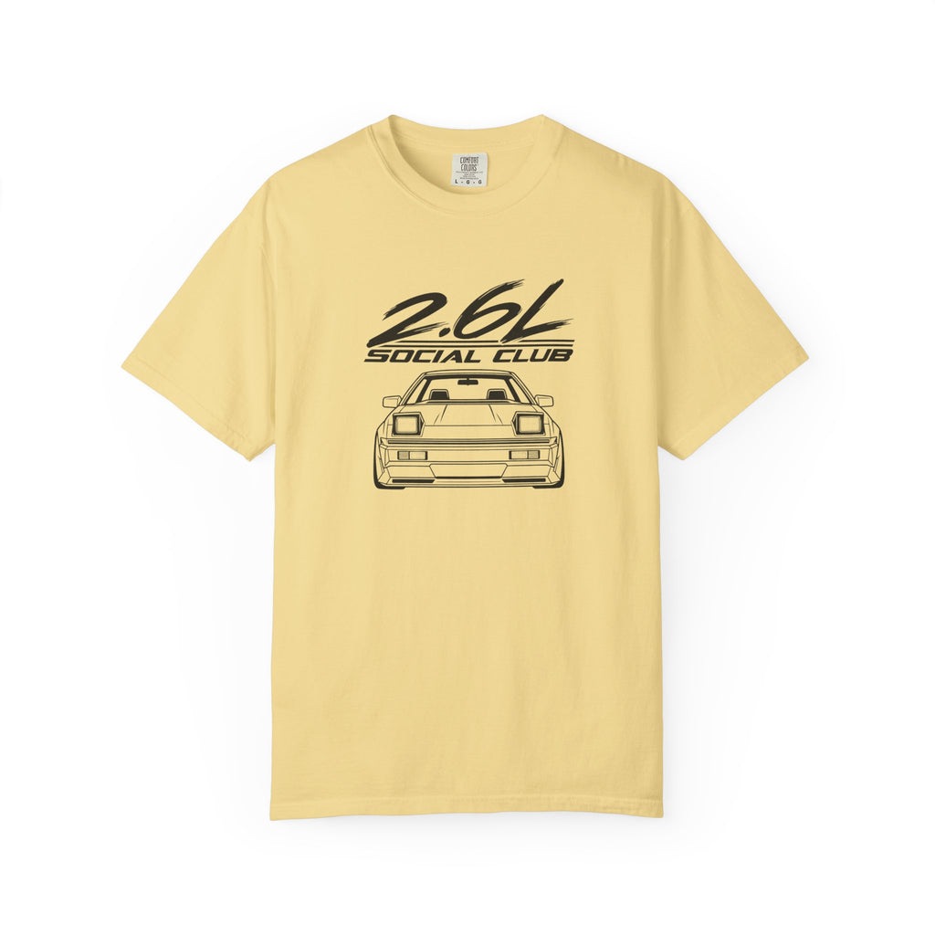 Butter yellow crew-neck T-shirt with 2.6L Social Club JDM car graphic
