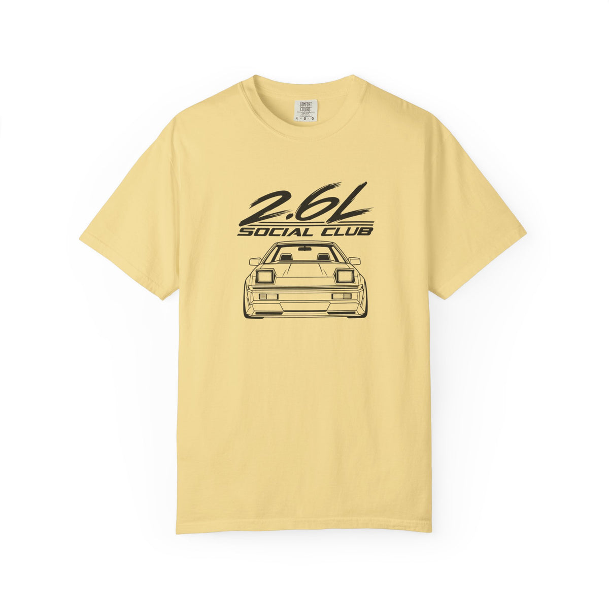 Butter yellow crew-neck T-shirt with 2.6L Social Club JDM car graphic