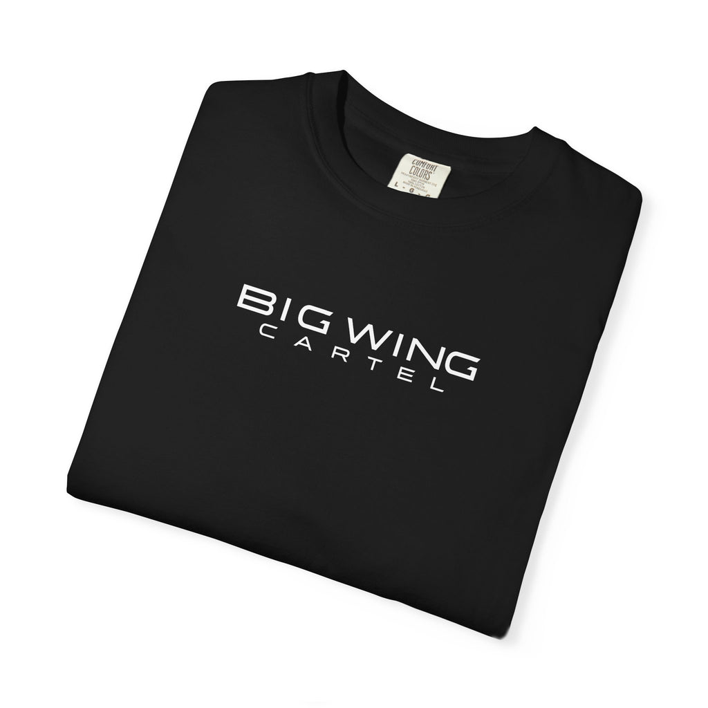 Black graphic T-shirt with Big Wing Cartel front logo print, folded