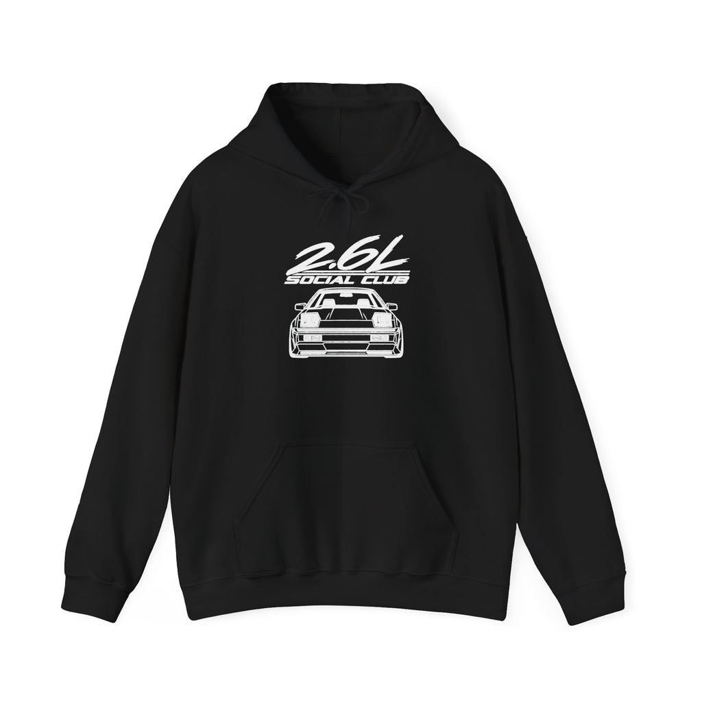 Black hoodie with drawstring hood and kangaroo pocket, front car graphic print.