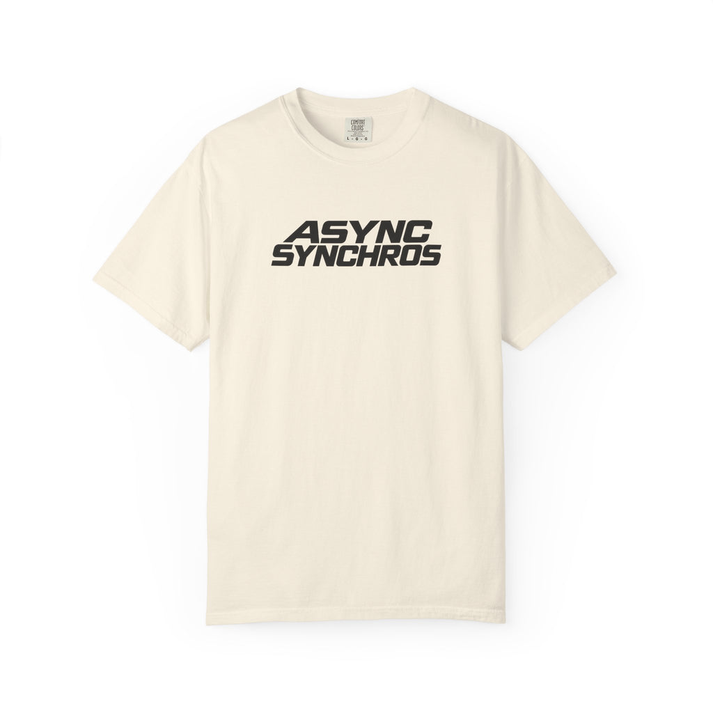 Ivory crew-neck T-shirt with ASYNC SYNCHROS graphic logo on the chest