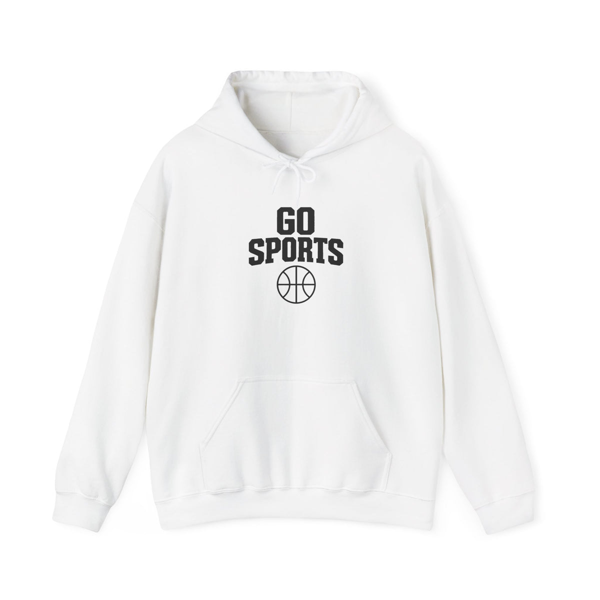 White basketball hoodie with 'Go Sports' logo and front pouch pocket