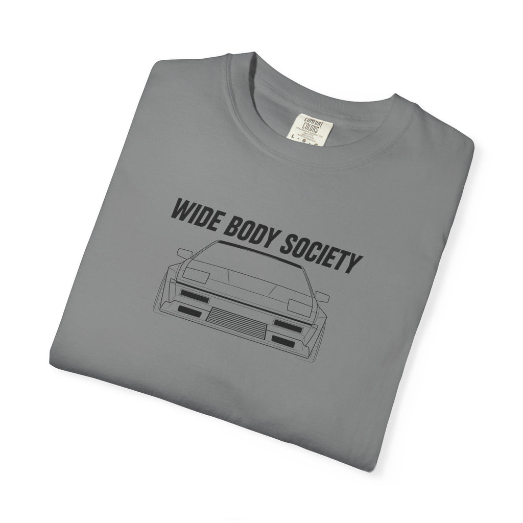 Grey JDM T-shirt with 'WIDE BODY SOCIETY' car graphic on front