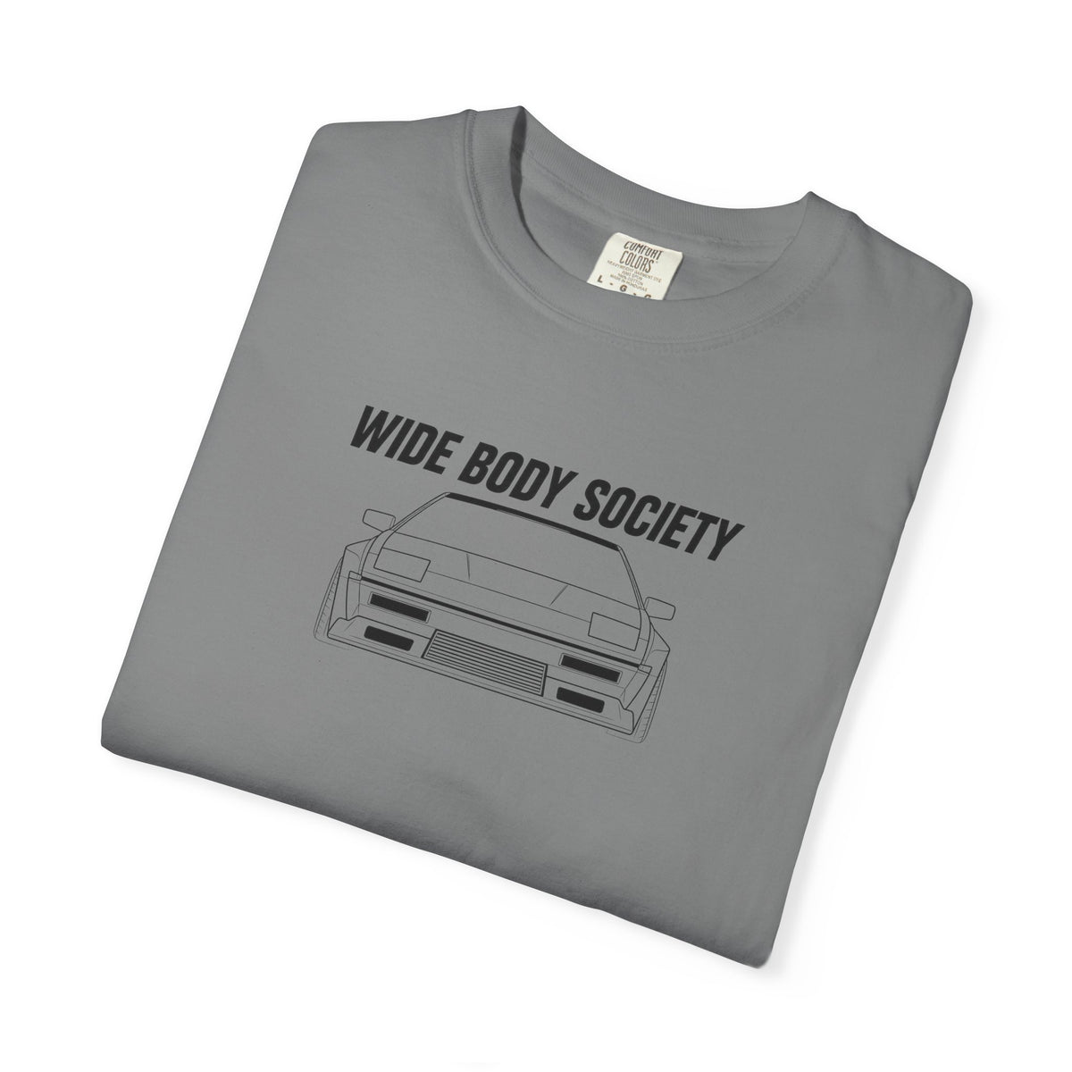 Grey JDM T-shirt with 'WIDE BODY SOCIETY' car graphic on front