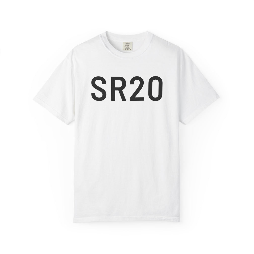 White crew-neck T-shirt with SR20 front graphic print