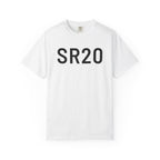 White crew-neck T-shirt with SR20 front graphic print