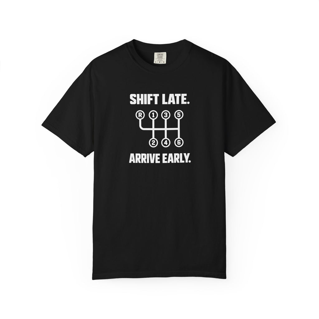 Black T-shirt with front graphic text and arrow icon
