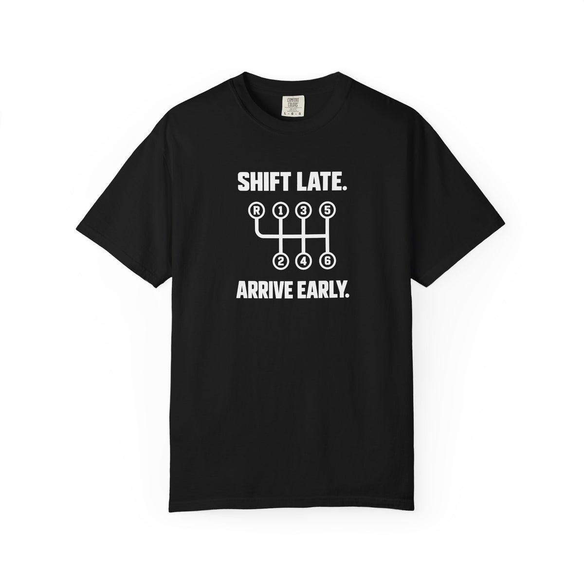 Black T-shirt with front graphic text and arrow icon