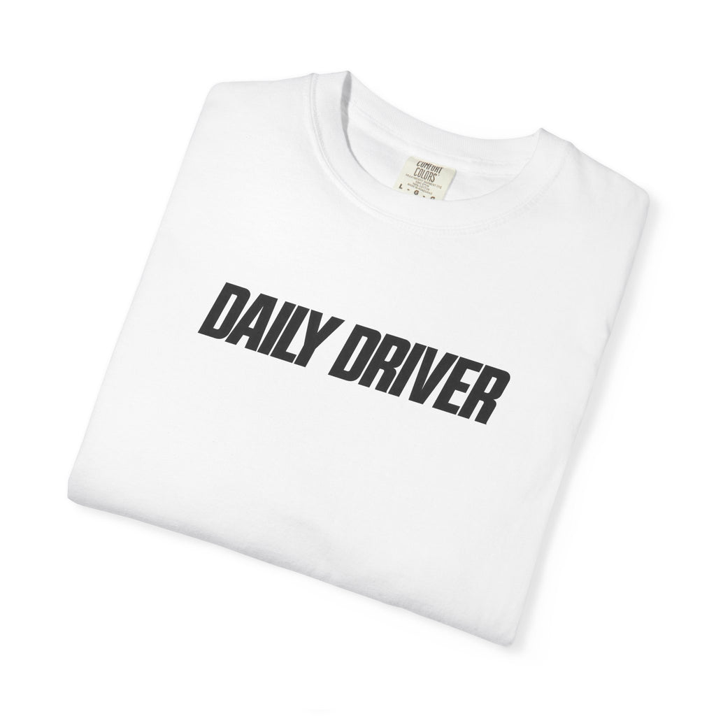 White crew-neck T-shirt with Daily Driver front graphic