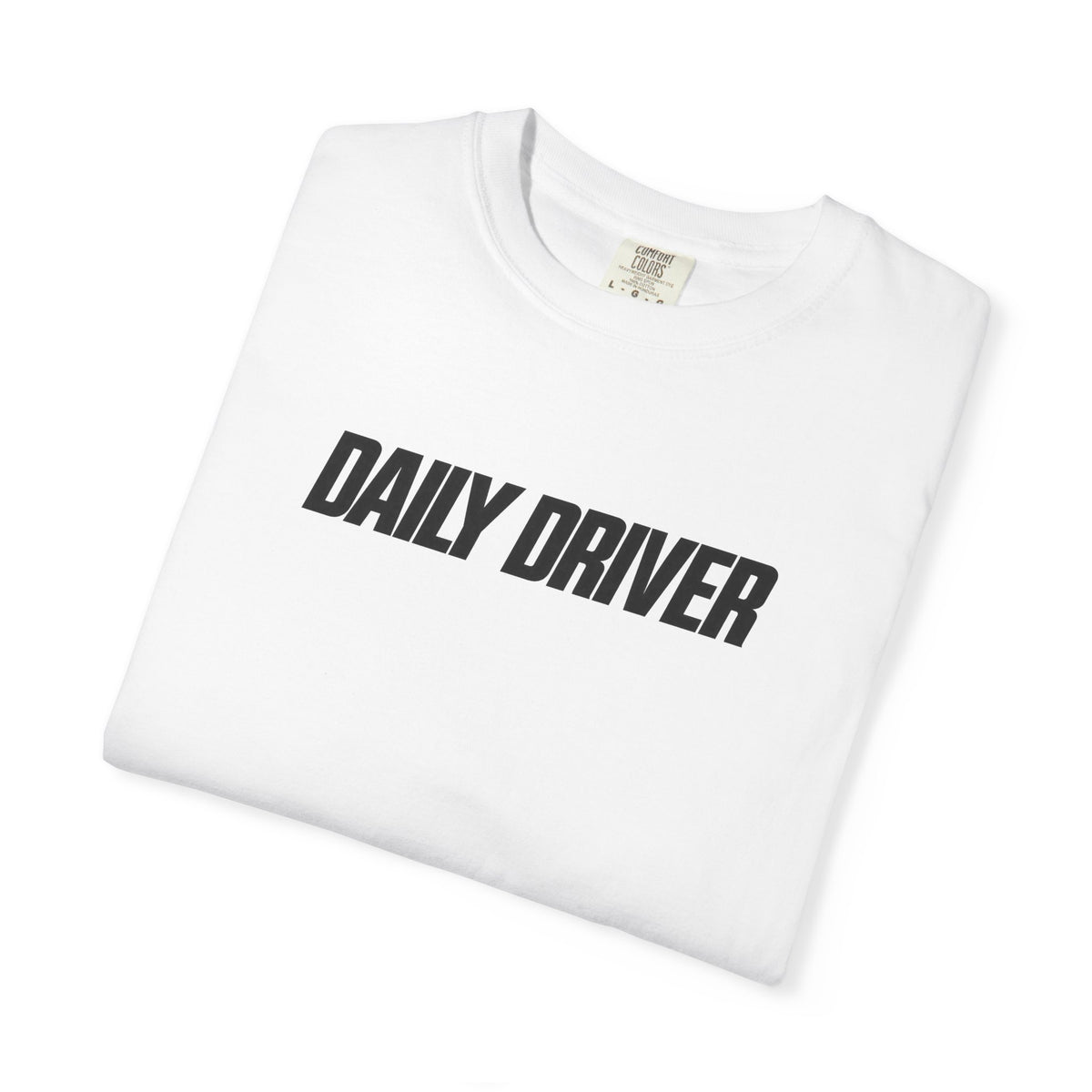 White crew-neck T-shirt with Daily Driver front graphic