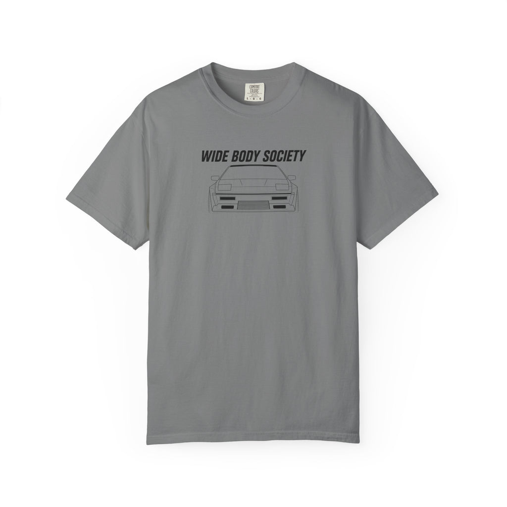 Grey JDM t-shirt, front print with “WIDE BODY SOCIETY” and car graphic.