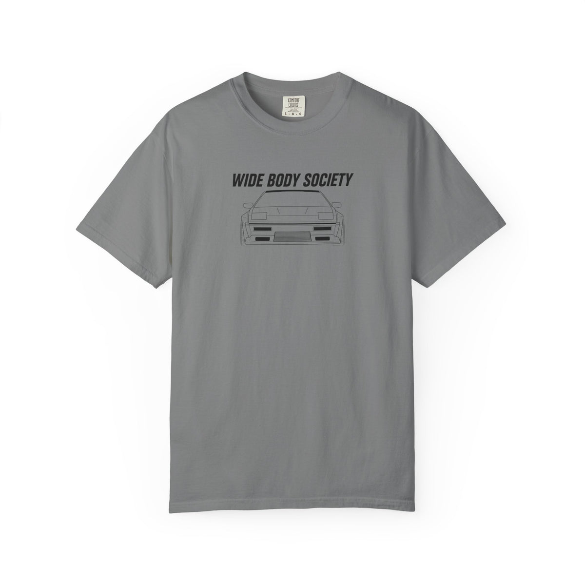 Grey JDM t-shirt, front print with “WIDE BODY SOCIETY” and car graphic.