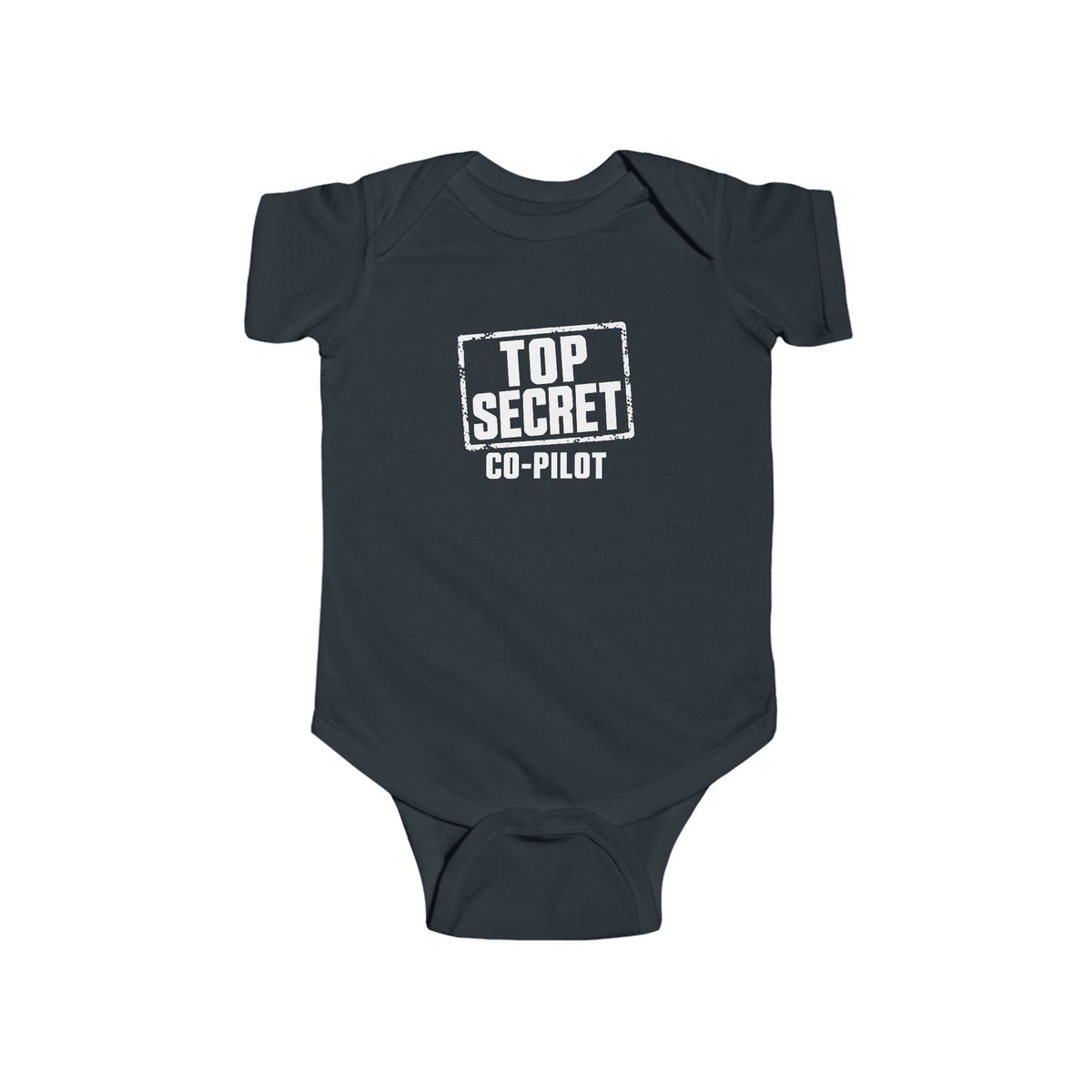 Black baby bodysuit with short sleeves and “Top Secret Co-pilot” chest graphic