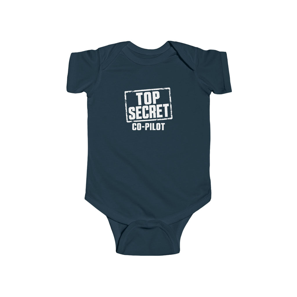Navy baby bodysuit with short sleeves and “Top Secret Co-pilot” chest graphic