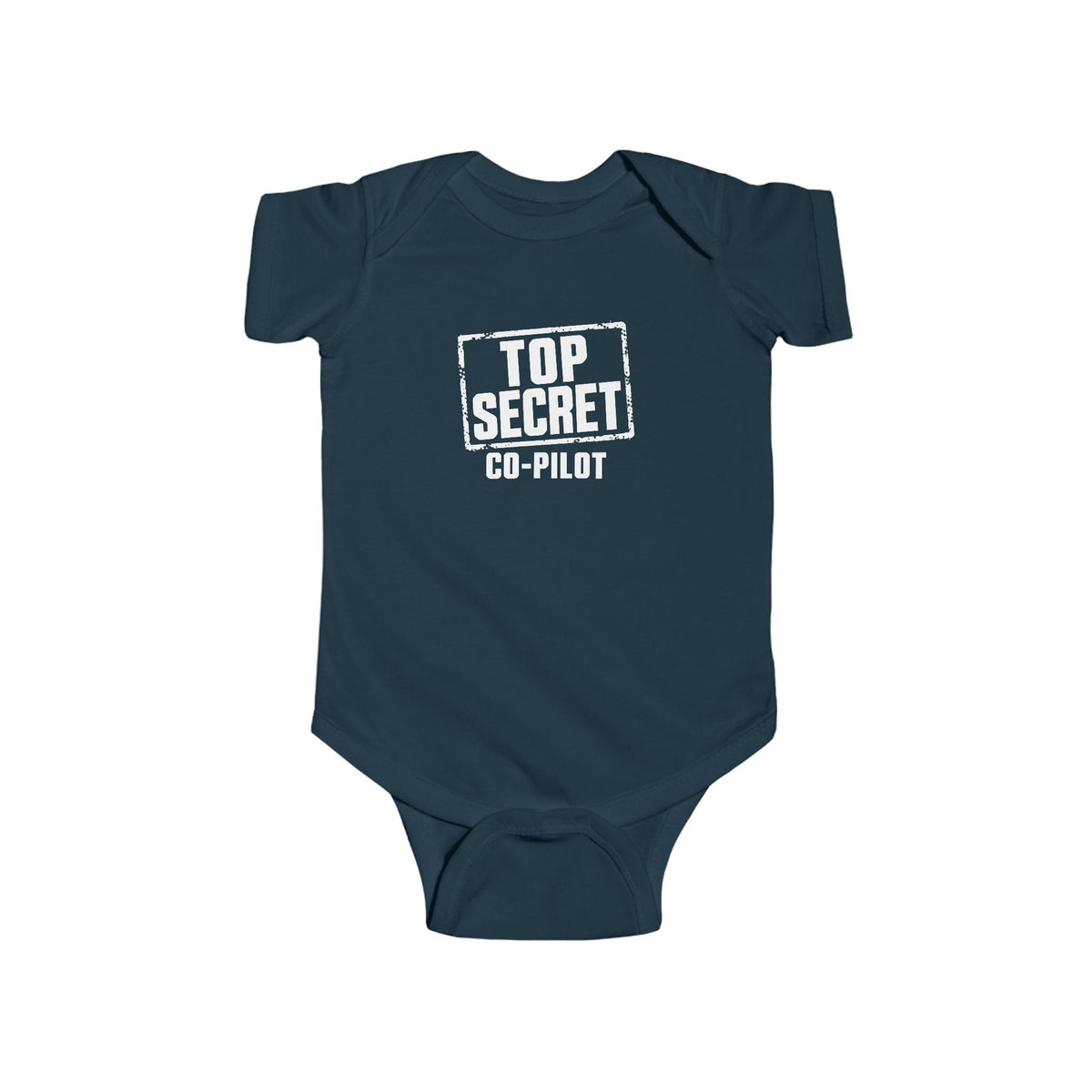 Navy baby bodysuit with short sleeves and “Top Secret Co-pilot” chest graphic