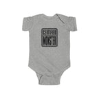 Heather gray baby bodysuit with “CERTIFIED MONSTER” graphic on front