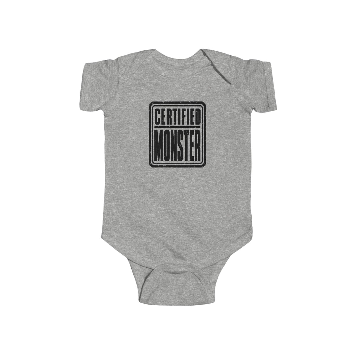 Heather gray baby bodysuit with “CERTIFIED MONSTER” graphic on front