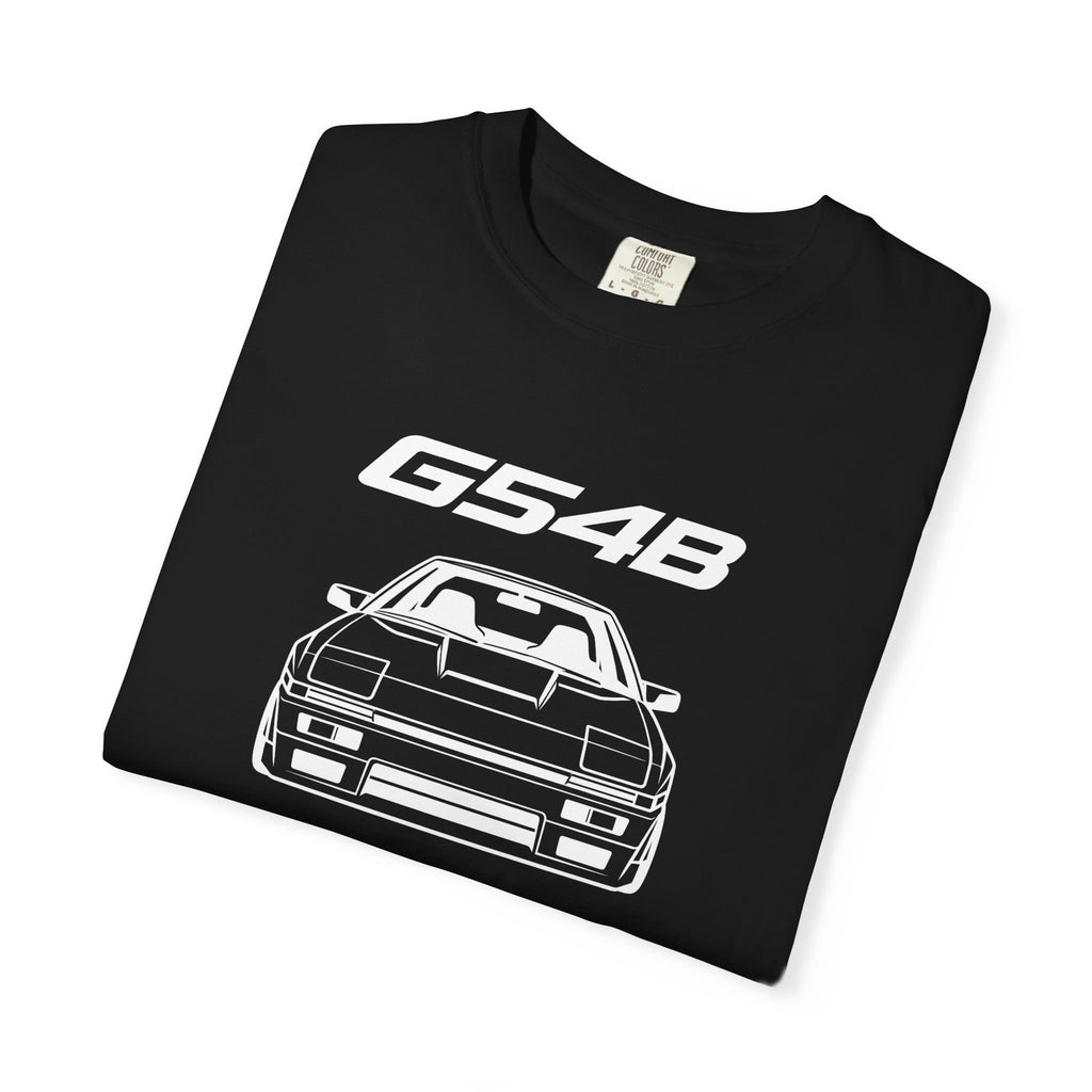 Black G54B JDM T-shirt close-up: G54B logo and car line art