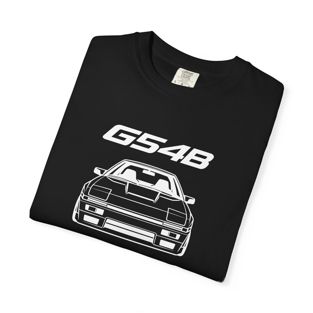 Black G54B JDM T-shirt close-up: G54B logo and car line art