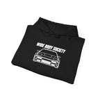 Black JDM hoodie with drawstring hood and front car graphic print.