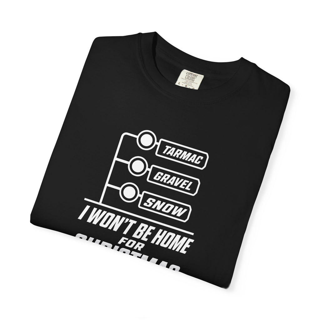Black crew-neck T-shirt with TARMAC, GRAVEL, SNOW graphic on front.