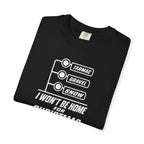 Black crew-neck T-shirt with TARMAC, GRAVEL, SNOW graphic on front.