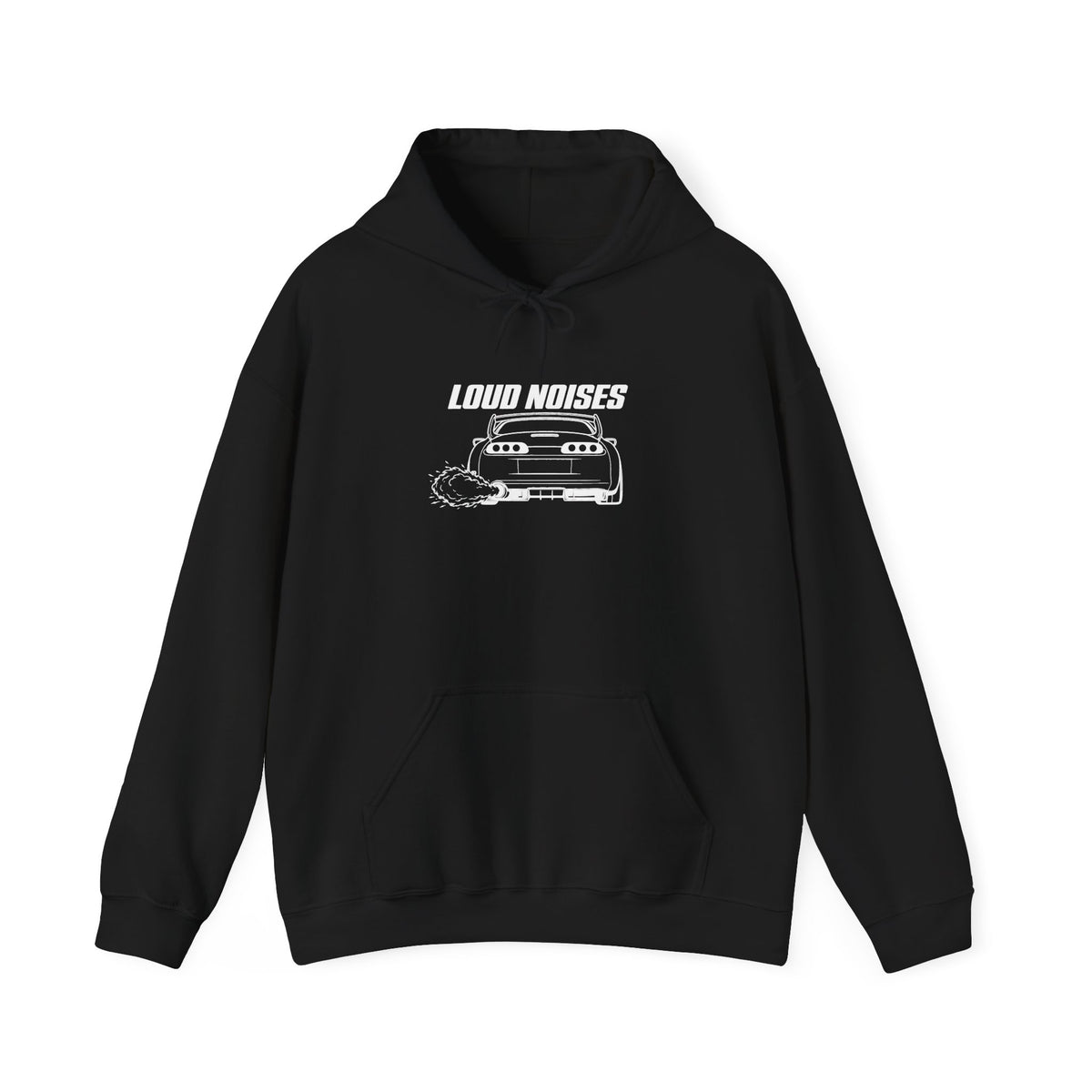 Black pullover hoodie with front graphic and black drawstring hood