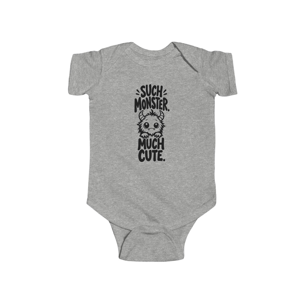 Baby bodysuit in heather gray with monster graphic and “So much cute” text