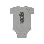 Baby bodysuit in heather gray with monster graphic and “So much cute” text