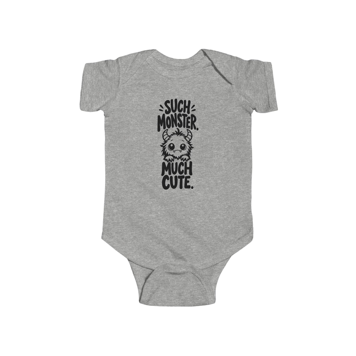 Baby bodysuit in heather gray with monster graphic and “So much cute” text