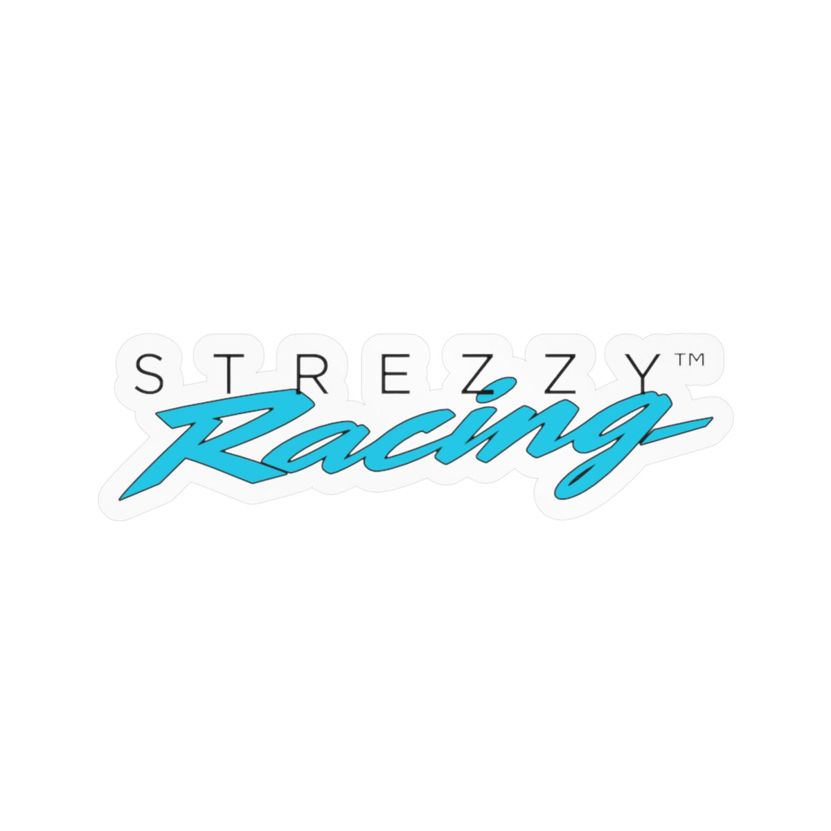 Kiss-cut racing logo sticker, teal “Kaching” script with white “STREZZY” text