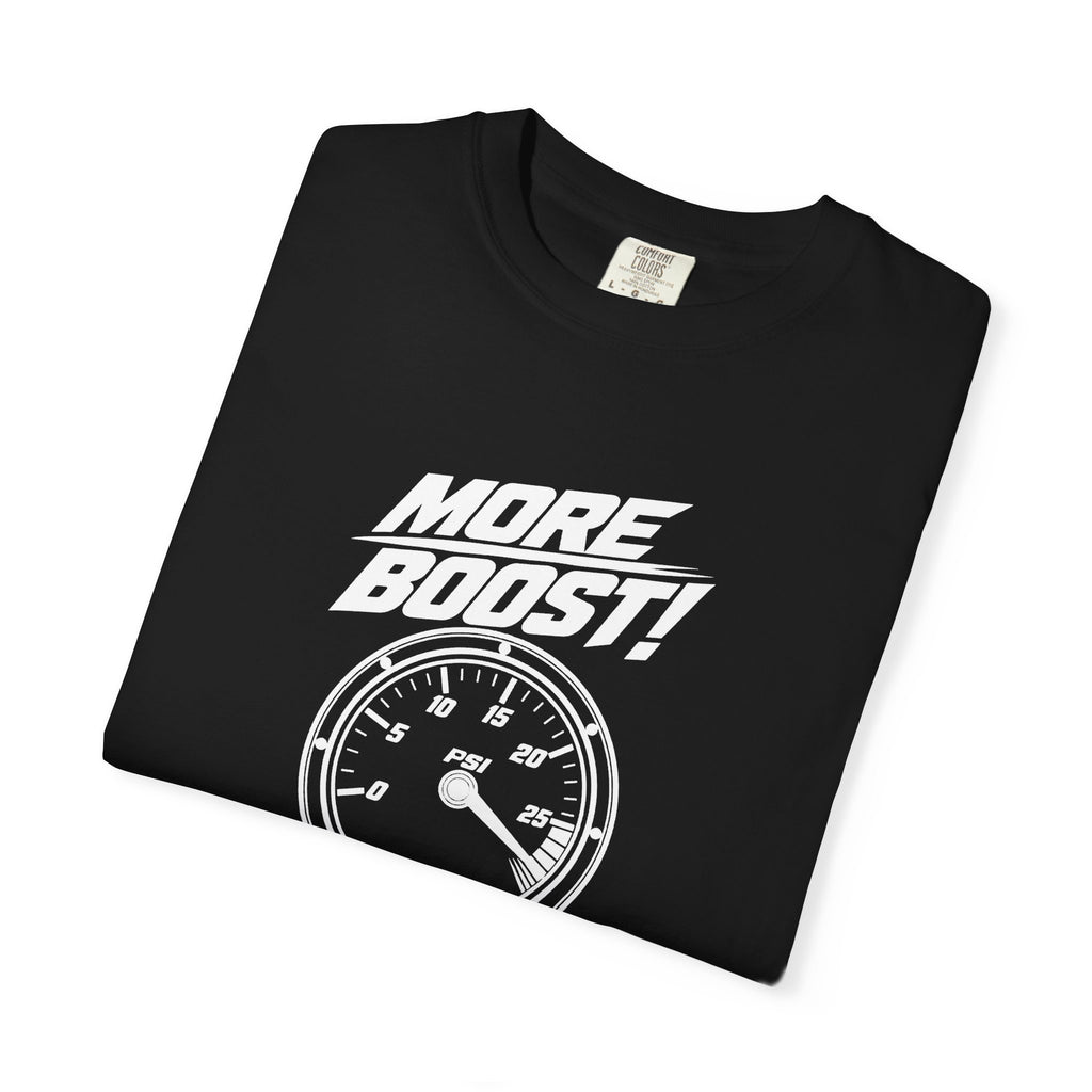 Black crew-neck T-shirt with “MORE BOOST!” gauge graphic and neck tag.